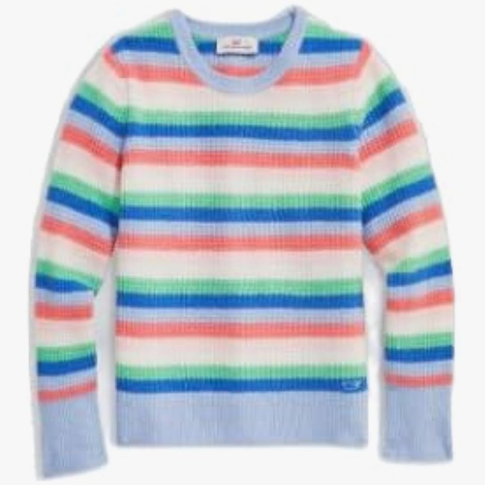 vineyard vines Girls' Striped Waffle Crewneck Sweater, Calm Waters, NWT